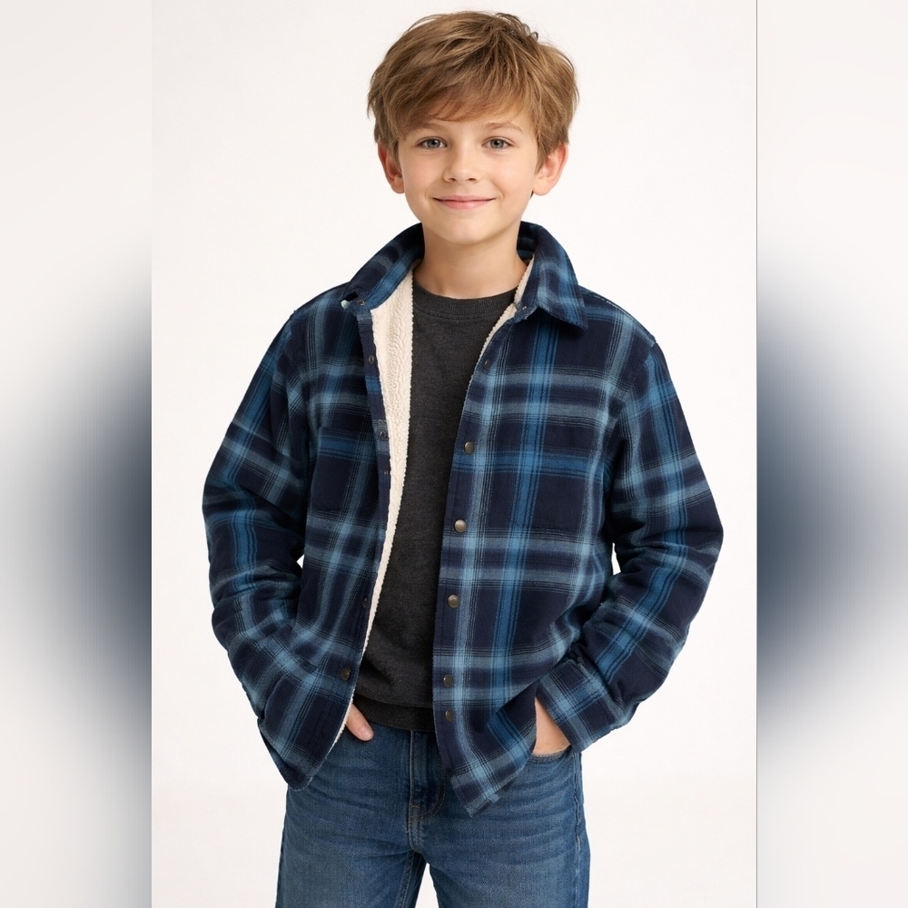 Sherpa Lined Plaid Shirt Jacket Kid Boy Size M Blue Flannel Snap Front Warm